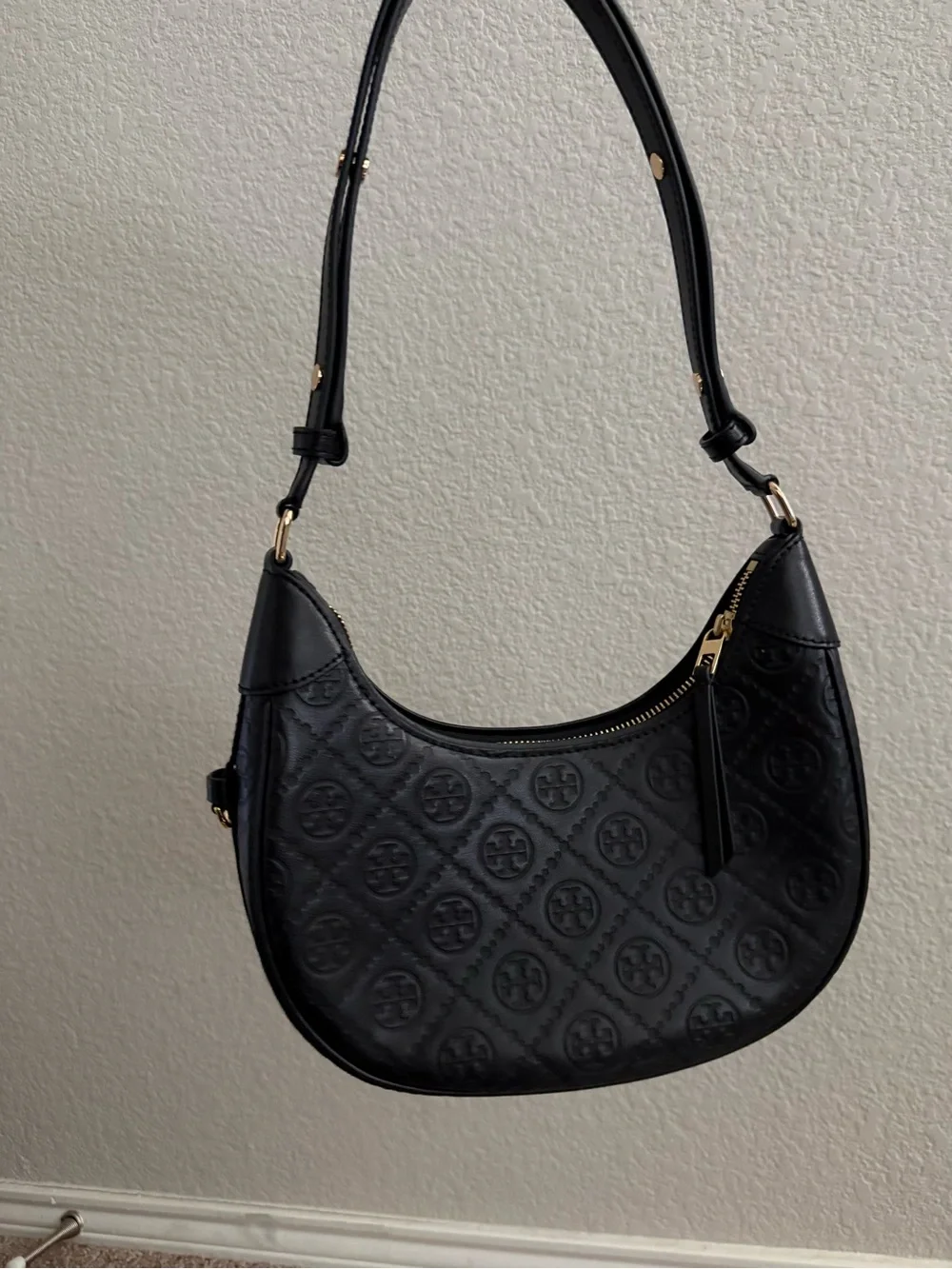 Tory Burch Black Embossed Crescent Shoulder Bag with Gold Hardware